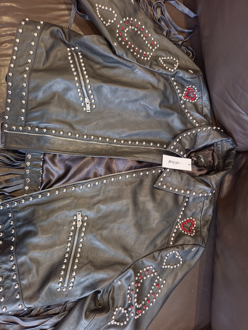 Nasty Gal Black Leather Fringe Jacket with Red Heart Studs - Picture 6 of 9